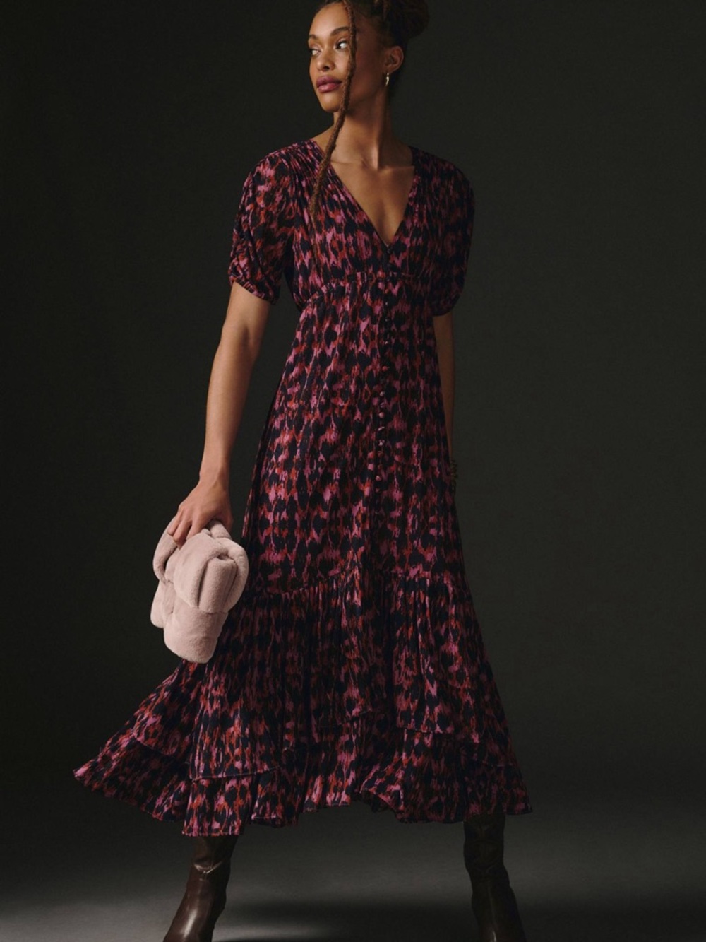 Anthropologie Printed Ruched-Sleeve Maxi Dress - XS Petite